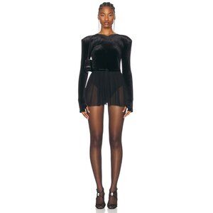 Norma Kamali Long Sleeve Shoulder Pad V Neck Flared Pickleball Dress Black